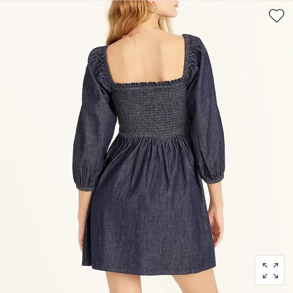 NWT. J. Crew Smocked Puff Sleeve Chambray Dress